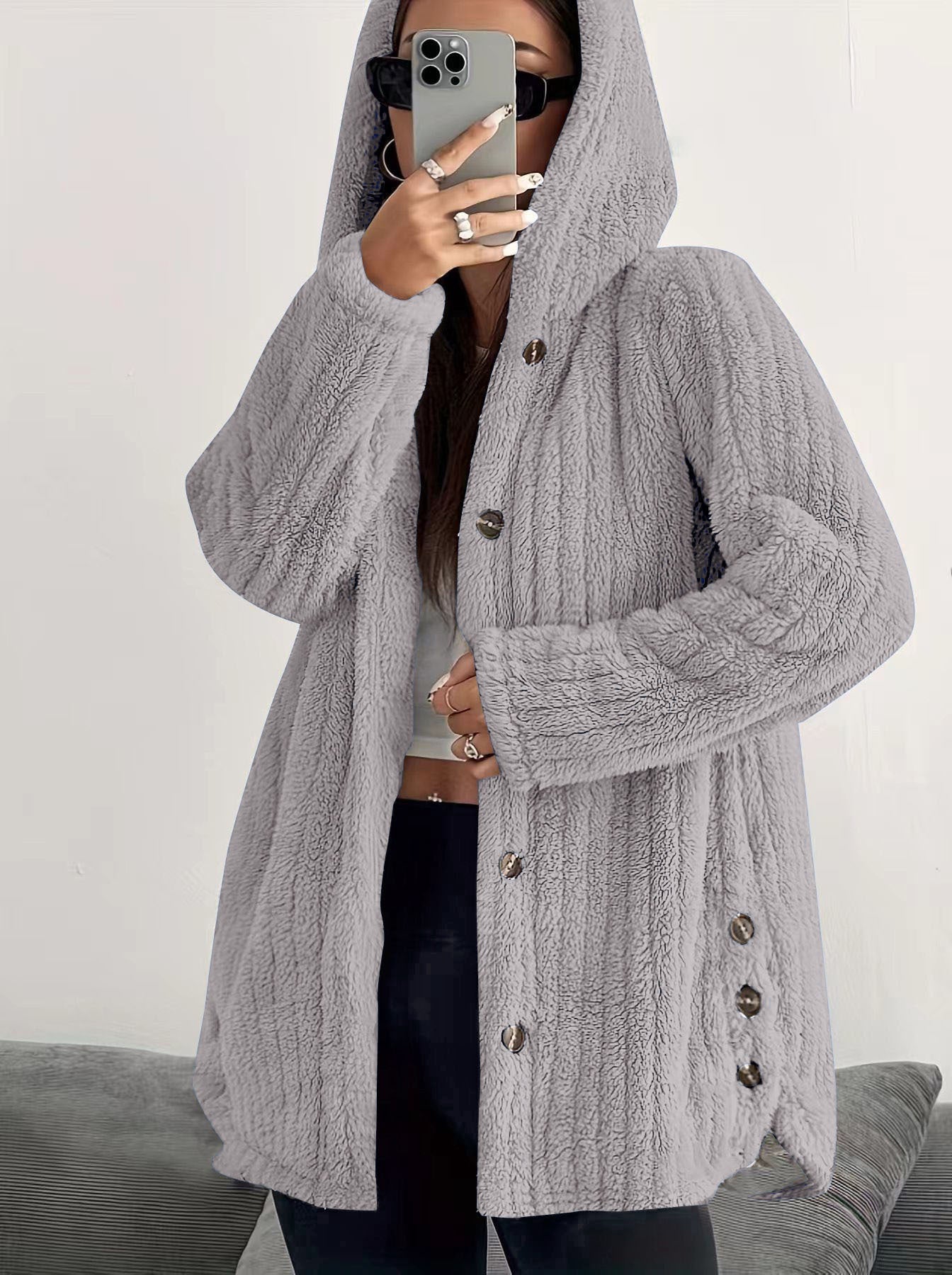 Women's Solid Color Long Sleeve Hooded Loose Plush Coat