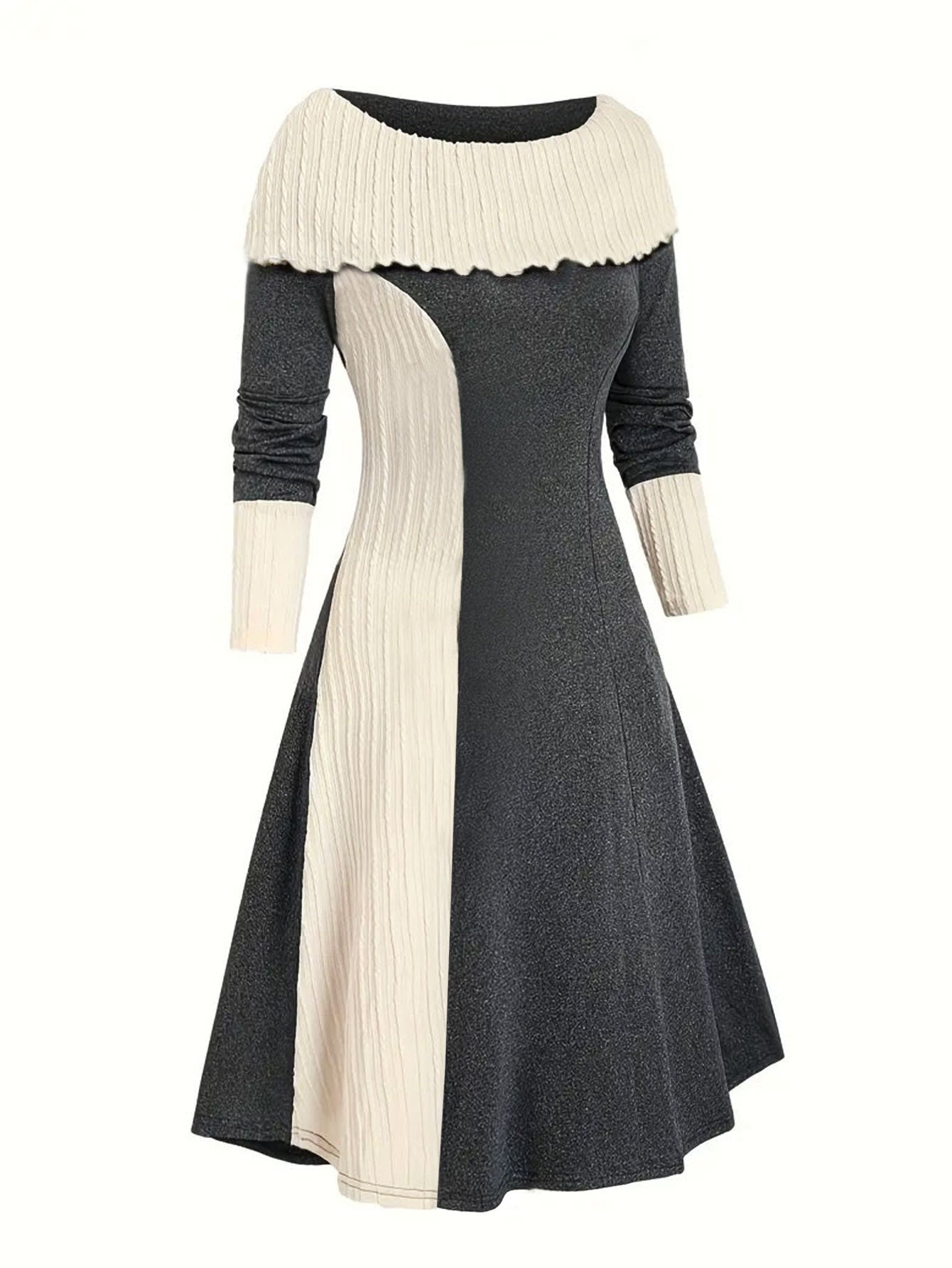 Elegant Scoop Cuffed Long Sleeve Knitted Color-matching Dress