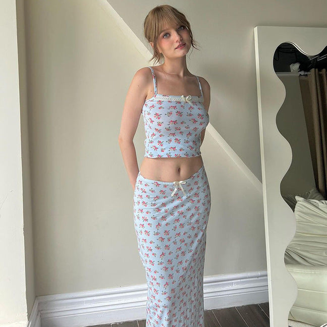 Floral Strap Tube Coat Skirt Suit