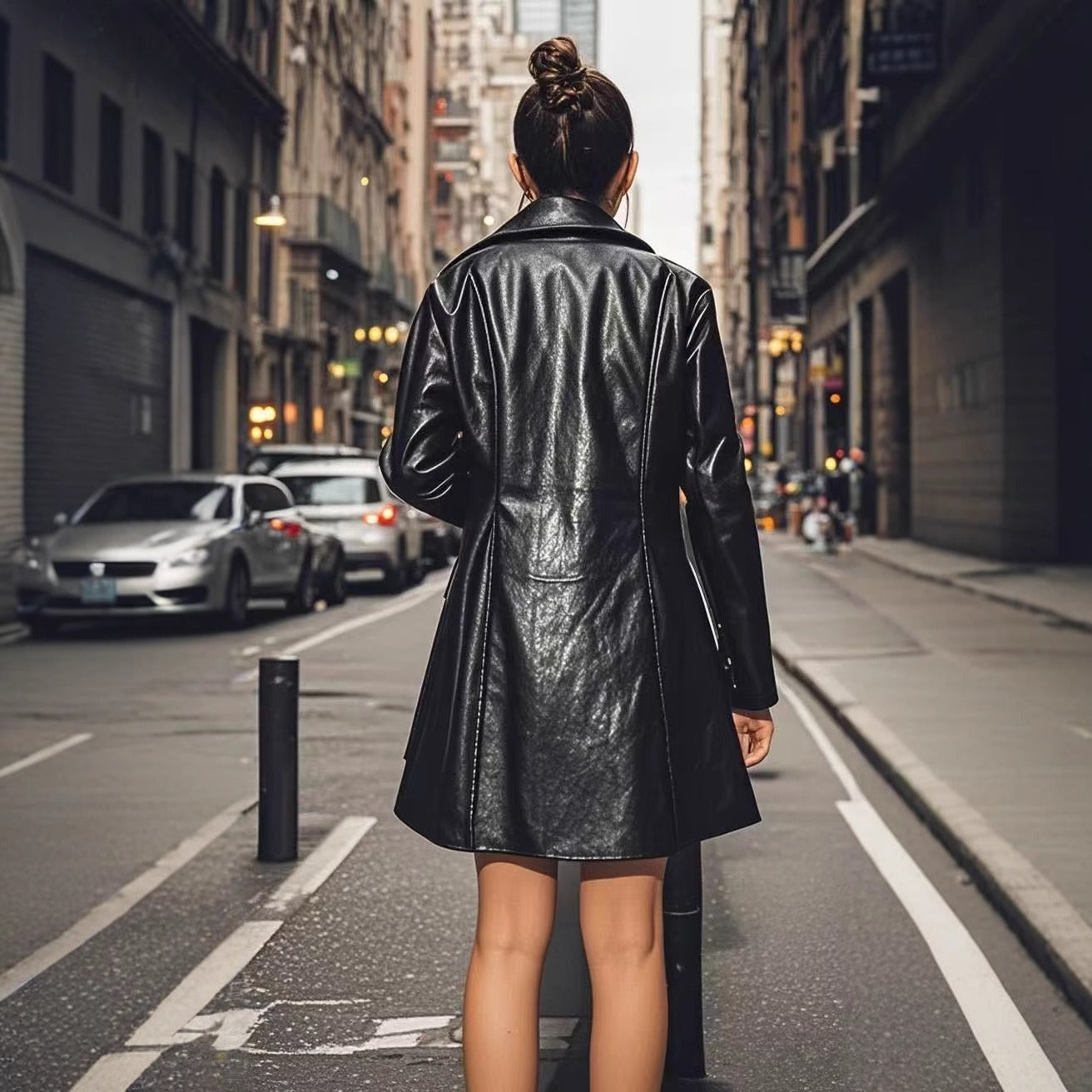 Women's PU Mid-length Casual Fashion Leather Coat