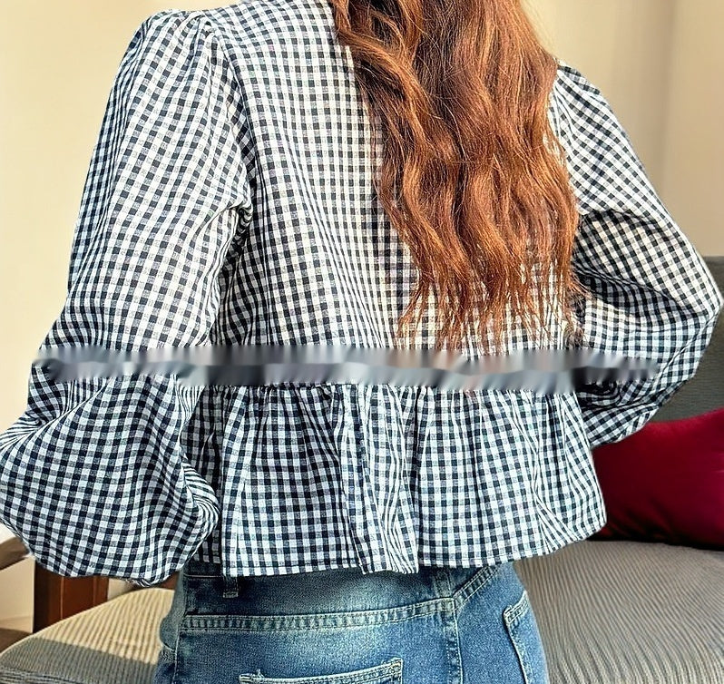 Summer Women's Plaid Loose Bow Long Sleeve Shirt